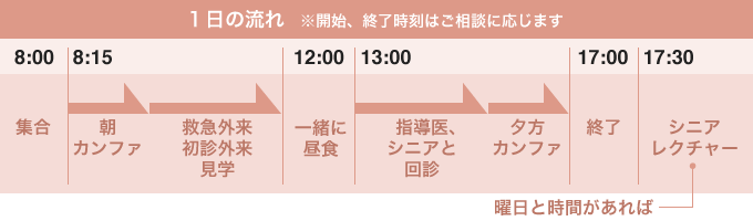 1日の流れ　※開始、修了時刻はご相談に応じます　8:00 集合、8:15 朝カンファ→救急外来初診外来見学→12:00 一緒に昼食、13:00 指導医、シニアと回診→タカンファ→17:00 修了→17:30シニアレクチャー（曜日と時間があれば）